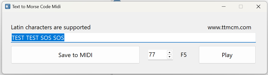 Screenshot of the Text to Morse Code Midi utility